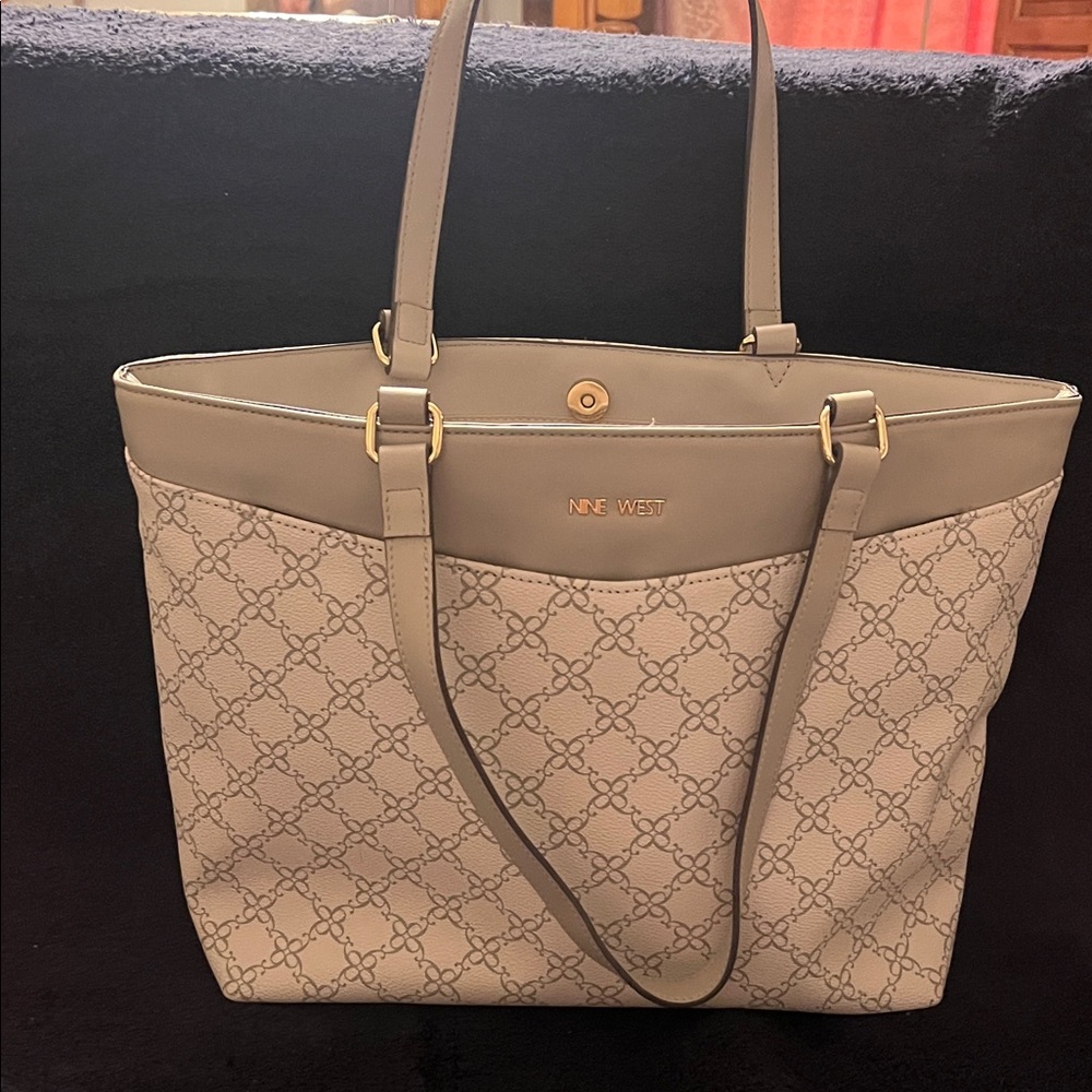 NWOT Nine West Taupe Monogram Tote with Gold-Tone Hardware